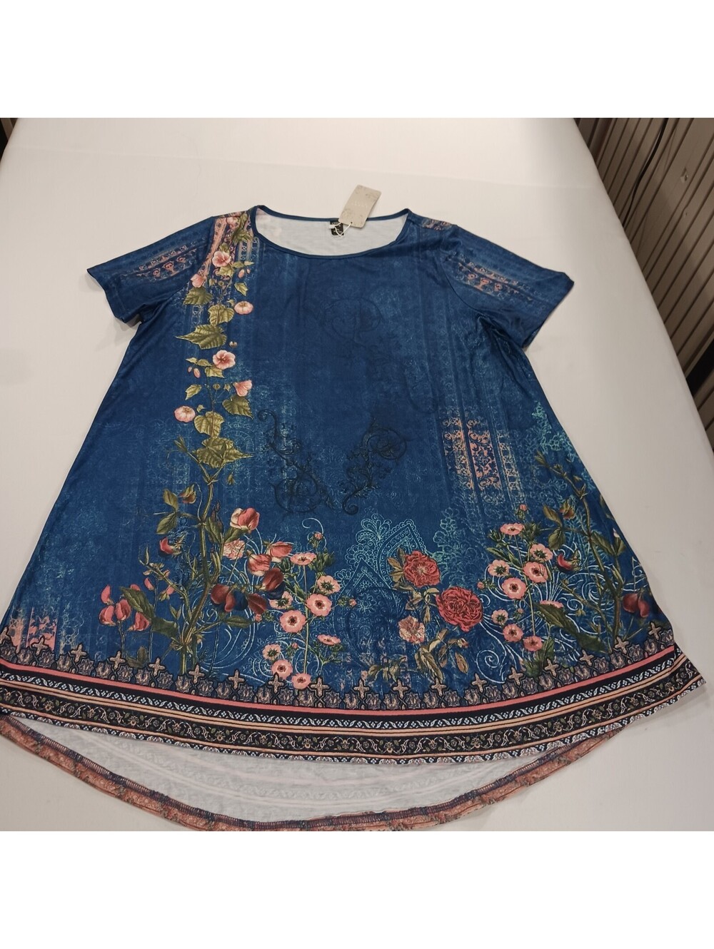 Emery Rose Women's Blue Embroidered Floral Short Sleeve Blouse Dress Size 1XL